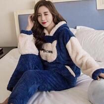 Flannel pajamas womens winter thickened warm set autumn and winter coral velvet students Korean cute large size home clothes