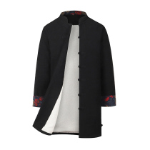 Winter mens Tang dress long linen plus velvet thick coat Chinese style retro cotton linen clothing cotton padded jacket