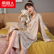 South Pole Sleeping Dress Woman Spring Autumn Long Sleeves Pure Cotton Medium Long Cardiovert Loose Big Code Full Cotton Pyjamas Skirt Home Dress