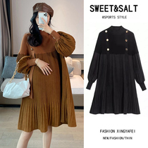 Pregnant women spring red loose fashion long temperament knitted stitching pleated dress in autumn and winter late pregnancy