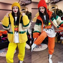 European products Tide brand womens stand collar handsome color lamb coat thick pants casual suit 2021 Winter New