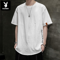 Playboy cotton and linen short-sleeved t-shirt mens fashion brand summer thin ice silk loose linen trend half-sleeve clothes