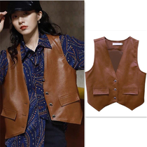 British style leather vest Womens Spring and Autumn new vintage fashion Puu leather vest short brown outside horse clip camel