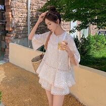 sandro tonali small fragrance suit Summer small temperament salt sweet hollow lace shirt shorts two-piece set