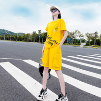 Sports Casual Suit Women 2022 Summer New Middle Pants Shorts Loose Running Yellow Temperament Fried Street Two Sets
