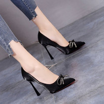 10cm Bow Satin Fine Middle Eye Joker Pointed High Heel Single Shoes 2020 Spring and Autumn New Temperament French Womens Shoes