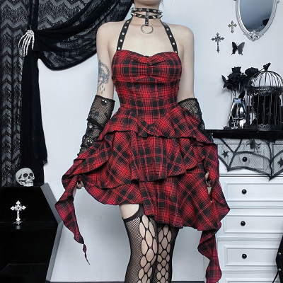 taobao agent Wannathis Gothic Red Black Dress Female Abi Punk Skirt Women's Group Wind Rock Playing Hanging Clit Skirt