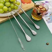 304 stainless steel straw colander creative dual use Ma Dai spoon milk tea coffee drink stirring filter suction tube spoon