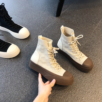 Flat high canvas shoes Korean thick-soled embroidered knitted lace-up single shoes womens shoes spring and autumn Net red casual board shoes