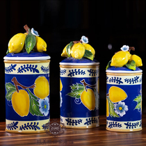 Bluesky blue porcelain pure hand-painted ceramic lemon seal jar European style can can storage jar decorative ornaments