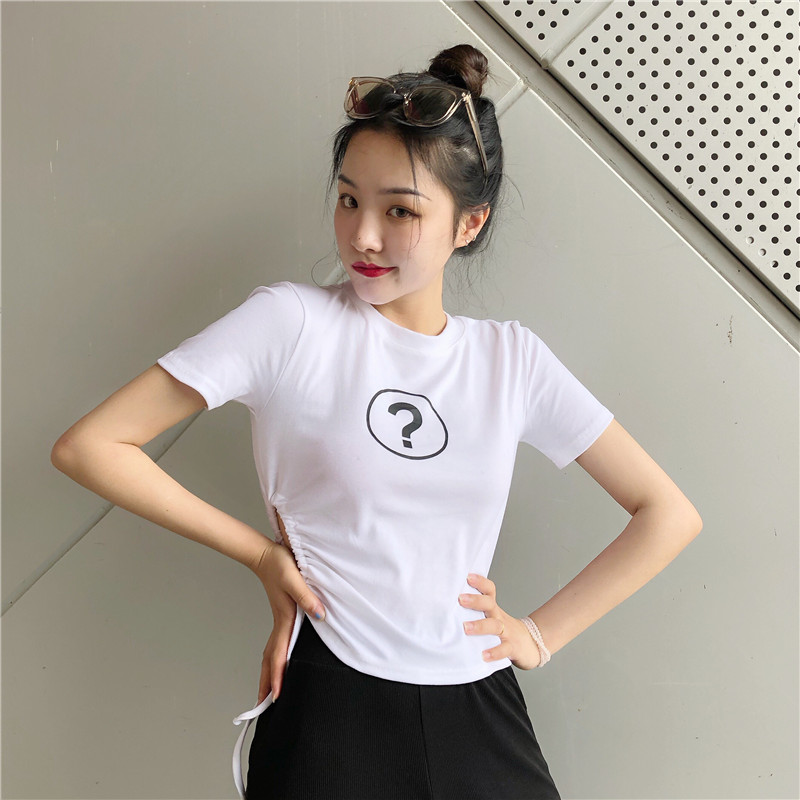 2009 New Summer Hong Kong Style Slim T-shirt with Woman's Round Neck and Stripe Printing Short-style Hundred Short-sleeved Top