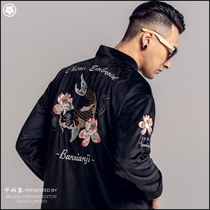 Half-time set velvet embroidery Tang suit Autumn New Lotus carp tide male youth hip-hop fashion top buckle coat
