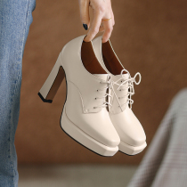 White high heels womens summer 2021 new soft leather not tired feet lace-up British style small leather shoes waterproof platform single shoes