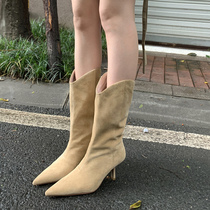 ins self-retention fashionable fine B into ~ frostaby leather fine-heeled pointed Western midboot high heel boots cowboy boots