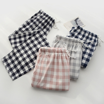  Japanese-style simple plaid Zhujiamixu pajamas mens and womens spring and autumn pure cotton knitted casual pants couples home pants