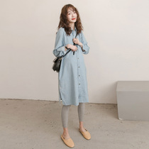 Pregnant woman shirt dress spring and autumn loose Korean version of the long section of the tide mother denim cotton shirt top dress~Jingling
