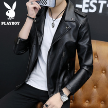 Playboy leather jacket jacket mens spring and autumn trend slim Korean version of mens locomotive lapel short leather coat tide