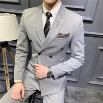 Autumn and winter Korean version of mens slim striped suit three-piece British mens double breasted suit suit groom dress