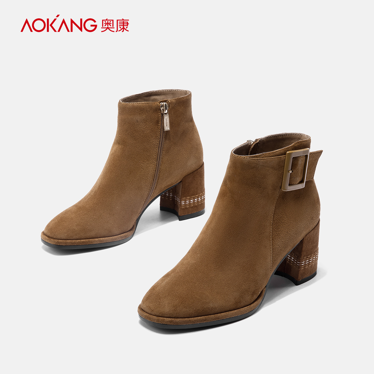 Aokang women's shoes Winter Fashion Square buckled Suede Boots leisure pointed thick heel boots
