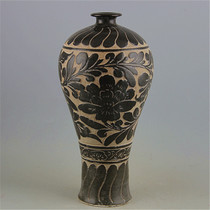 Song Dynasty Cizhou Kiln Black Glaze Handmade Porcelain Engraving Plum Bottle to Make Old Imitation Unearthed Ancient Porcelain Antique Antique Collection Decoration
