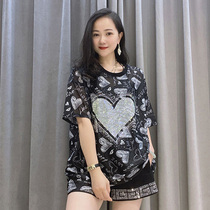 Summer new pullover short-sleeved top large print perspective casual medium-long fashion loose T-shirt womens European goods