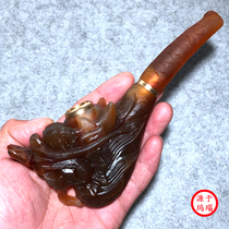 Agate carved rhinoceros dragon claw pipe cigarette mouth mens tobacco bucket old-fashioned dry cigarette bag pot play object ornaments