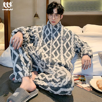 Coral velvet pajamas mens autumn and winter thick warm long sleeves can be worn outside fashion jacquard winter home suit