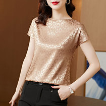Satin short-sleeved T-shirt WOMENs summer new loose belly jacquard BAO WEN small shirt MOTHER style casual top