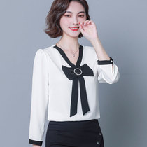 Lace-up bow shirt womens long sleeve Autumn New slim belly belly color v-neck shirt gown chiffon top