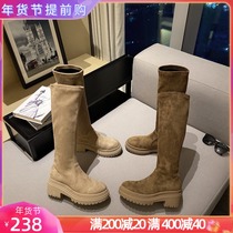 European stationmaster shoes 2021 autumn and winter New European leather thick soled high boots stretch boots thin khaki boots