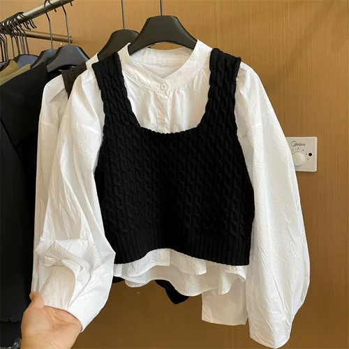 Белая рубашка, осенний комплект, плетеный трикотажный жилет с косичкой, в корейском стиле