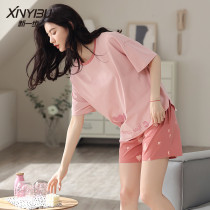 New step short-sleeved shorts pajamas womens summer thin 2021 new two-piece home clothes pure cotton suit summer