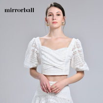 mirrorball2021 early autumn new white lace top chest hugging bubble sleeve square collar short top