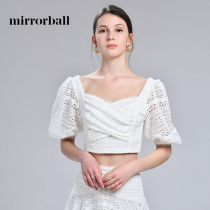 mirrorball2021 early autumn new white lace top chest hugging bubble sleeve square collar short top