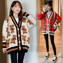 Pregnant woman coat autumn wear Belly Belly Net red bear cardigan sweater small pregnant woman autumn suit fashion