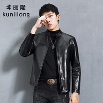 Haining leather leather mens goatskin short thin American motorcycle leather jacket small standing collar handsome coat spring and autumn