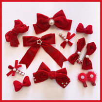 Children's Hanfu Hair Accessories Red Retro Bright Silk Velvet Chinese Style Girl Bow Pearl Hairpin Princess New Year