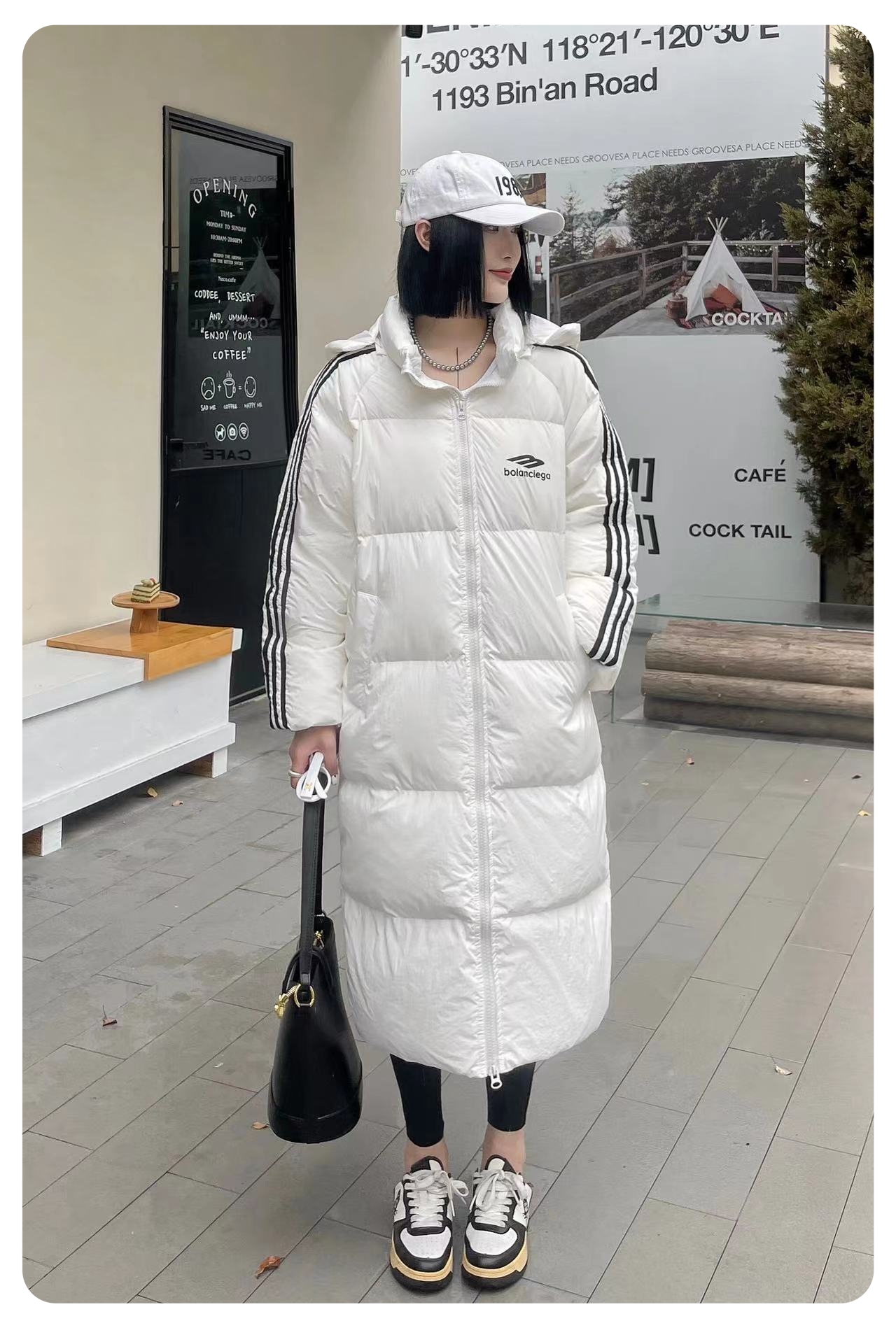 Anti season 2023 new three bar down jacket for women's long, knee length, thickened Korean version, loose and warm white duck down winter wear