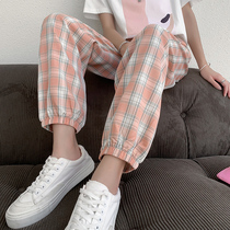 Pink plaid pants womens summer thin loose beam feet 2021 new thin wild casual sports pants ins tide