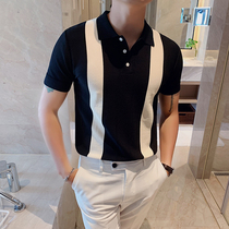 Summer thin section business casual knitted short-sleeved POLO shirt mens fashion brand light cooked wind color slim lapel ice silk T-shirt