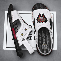 Men Cool Shoes ins Chains Tide Summer Genuine Leather Soft Bottom Non-slip Beach Shoes 2022 New Casual Outwear Driving Slippers