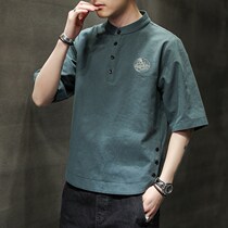 Amuda short-sleeved t-shirt mens summer thin cotton and linen embroidery slim-fit mens half-sleeved national tide Chinese style casual top