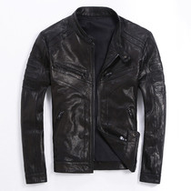 Henning New Sheep Plant Tannic Leather Leather Clothing Mens Short jacket retro to make old locomotive stand-up jacket
