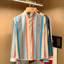 Paris catwalk fashionable vertical striped shirt men autumn foreign style personality rainbow color color non-iron slim shirt tide