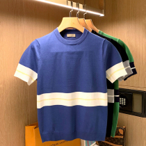 European and American fashionable Foreign color matching slim short sleeve T-shirt summer trend personality stripe stitching lightweight sweater men