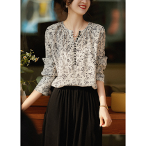 SYB482780AG] sweet fruit printed semi-open flap with small dense buckle double crepe mulberry silk blouse