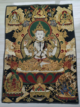 Special offer Tibetan Buddha statue Thangka portrait brocade silk embroidered yellow four-armed Guanyin Thangka embroidery Bodhisattva statue
