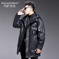 The first layer of cowhide leather leather leather clothing mens long-term hooded youth handsome Tide brand coat city function wind suit