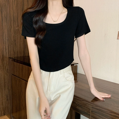 Изогнутая короткая абрикосовая футболка, французский стиль, квадратный вырез, облегающий крой, короткий рукав