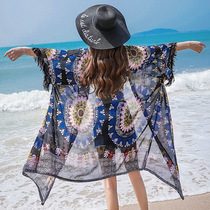 Ethnic style long seaside holiday sunscreen coat chiffon cardigan women Summer tassel shawl thin coat swimsuit coat